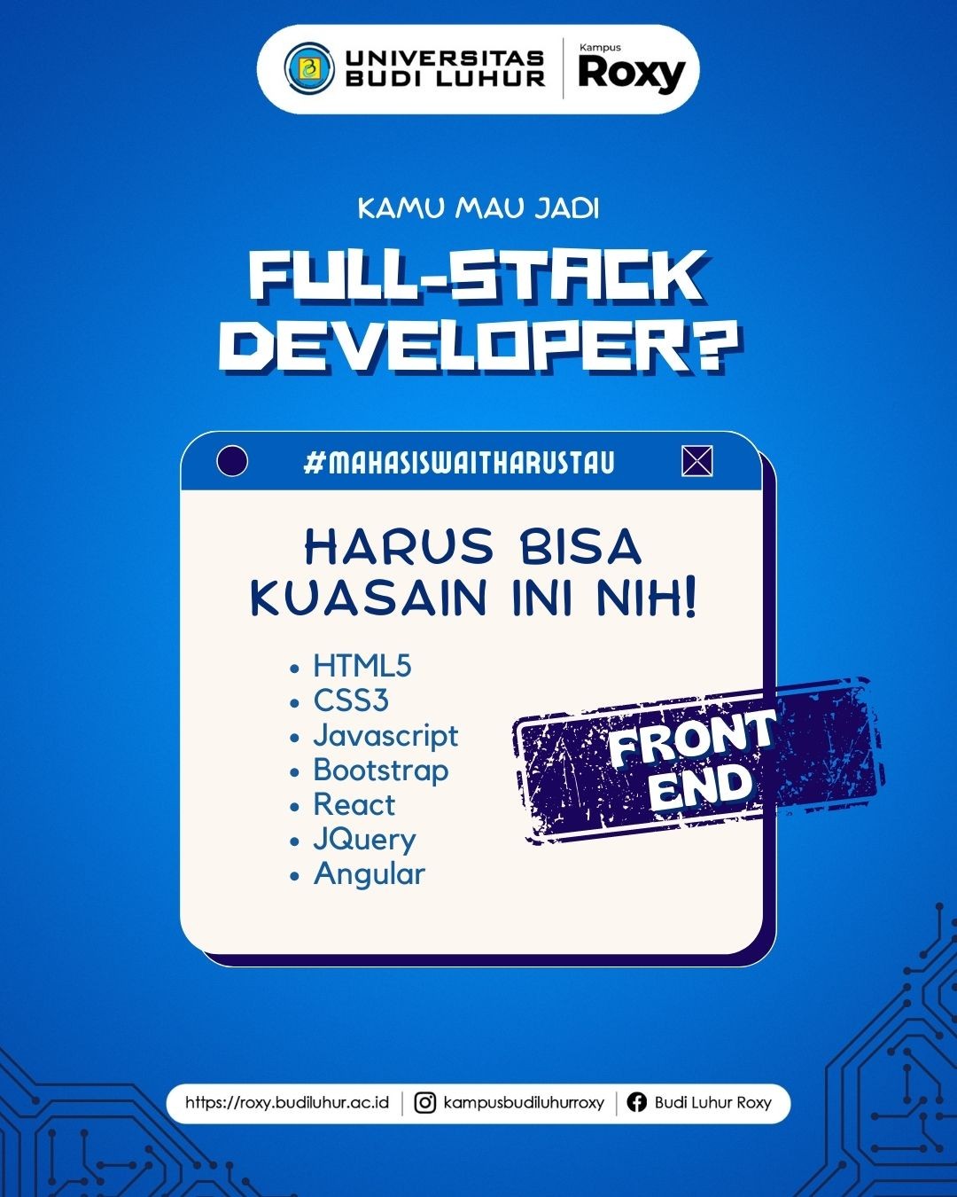 Front end developer adalah orang-orang yang mendesain dan membuat baris kode user interface pada sebuah website atau pun aplikasi.
.
.
Website :roxy.budiluhur.ac.id
Facebook : Budi Luhur Roxy
Whatsapp : 0821-1010-3908
Telp : (021)6328710
.
.
#UniversitasBudiLuhur
#BudiLuhurRoxy
#Pendaftaran
#GelombangDua
#MahasiswaBaru
#KampusJakarta
#KuliahEksekutif
#KuliahTerbaik
#KuliahSambilKerja
#KuliahKaryawan
#KuliahMurah
#KuliahMalam
#KelasKaryawan
#KuliahFlexible
#KuliahBerkualitas
#KampusSeru
#BlendedLearning
#KampusCerdas
#KampusIndonesia