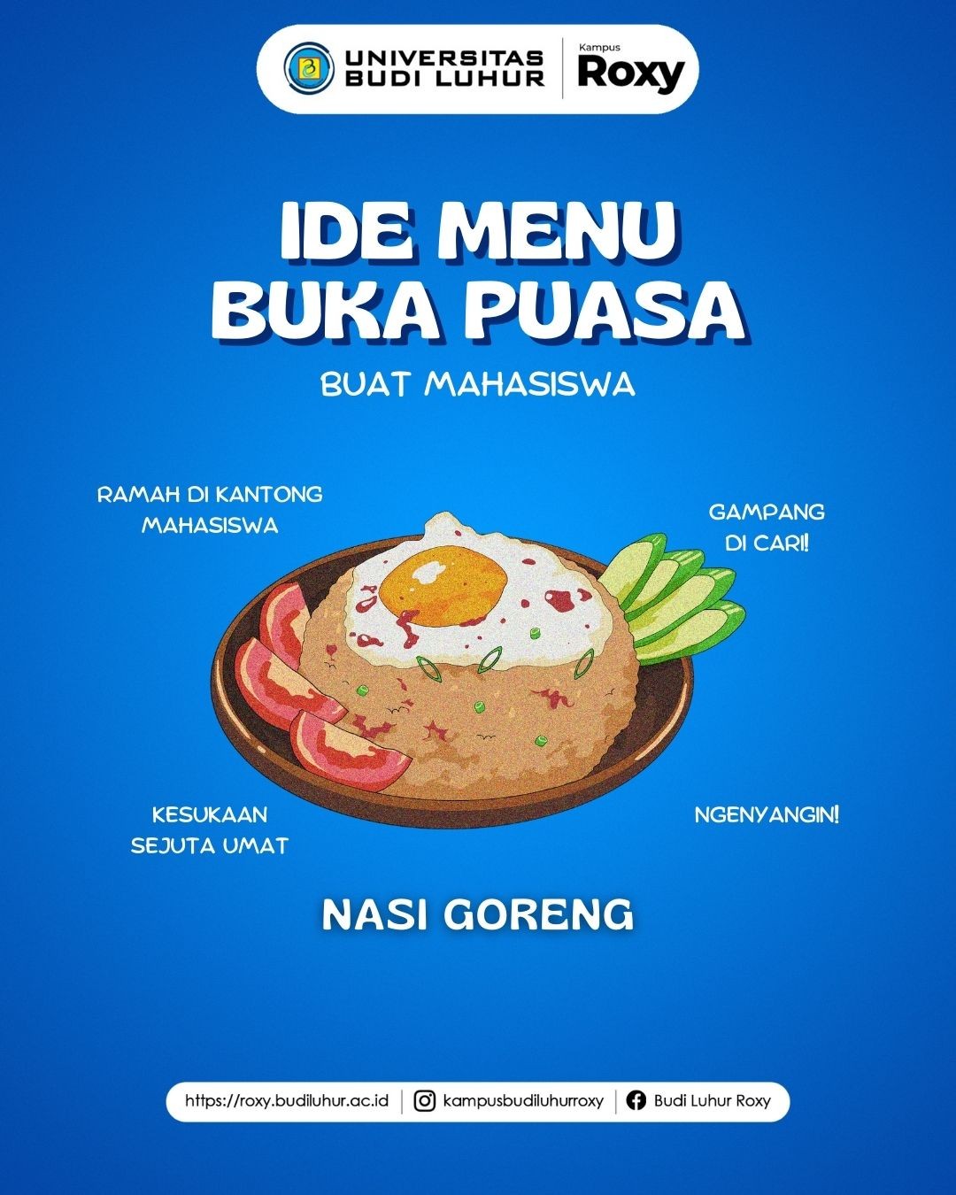 Halo, Blutizen Marhaban Yaa Ramadhan. Hari pertama bulan Ramadhan kita harus tetap semangat beraktivitas. Terutama bagi mahasiswa rantau yang pasti berbeda karena jauh dari keluarga.
.
.
Website :roxy.budiluhur.ac.id
Facebook : Budi Luhur Roxy
Whatsapp : 0821-1010-3908
Telp : (021)6328710
.
.
#UniversitasBudiLuhur
#BudiLuhurRoxy
#Pendaftaran
#GelombangDua
#MahasiswaBaru
#KampusJakarta
#KuliahEksekutif
#KuliahTerbaik
#KuliahSambilKerja
#KuliahKaryawan
#KuliahMurah
#KuliahMalam
#KelasKaryawan
#KuliahFleksibel
#KuliahBerkualitas
#KampusSeru
#BlendedLearning
#KampusCerdas
#KampusIndonesia